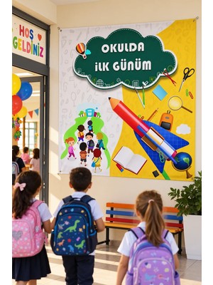 Dodomar Okulda Ilk Günüm Büyük Branda Afişi Kuşgözlü Okul Sınıf Karşılama Süsü 155X160 cm
