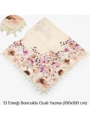 Hoaryage El Emeği Desenli Yazma Kenarına Halka Boncuklu El Oyası Tülbent Yemeni, Fular ,4 Kenarı Oyalı