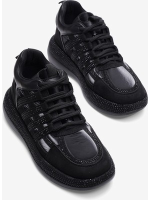 Mubiano Kadın Paraşüt Sneaker Süet Detaylı Taşlı Günlük Spor Ayakkabı Vona Siyah