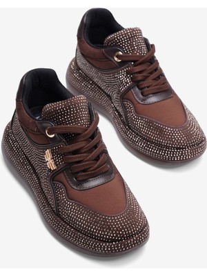 Mubiano Kadın Paraşüt Sneaker Süet Detaylı Taşlı Günlük Spor Ayakkabı Liva Kahverengi