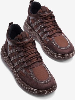 Mubiano Kadın Paraşüt Sneaker Süet Detaylı Taşlı Günlük Spor Ayakkabı Vona Kahverengi
