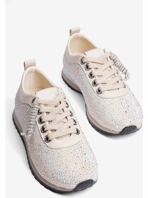 Mubiano Kadın Süet Sneaker Taşlı Bağcıklı Mely Bej