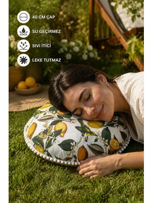 Rona Home Yuvarlak Minder 40 cm Ponponlu Limon Desenli Su Geçirmez Sıvı Itici Bahçe Balkon Minderi