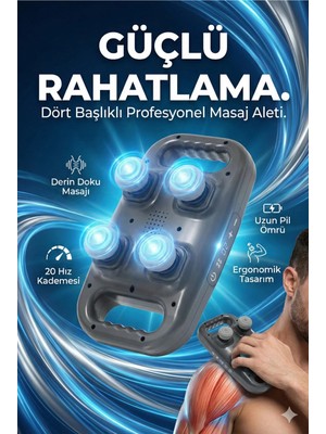 3D Sepetim 4 Başlıklı Masaj Tabancası - Ergonomik Derin Doku Sırt ve Boyun Masaj Aleti Ağrı ve Sızı Giderici
