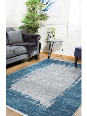 Mavi Saçaklı Yıkanabilir Kaymaz Taban Salon Halısı 160X160 Outlet