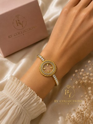Ry Collections Ortasına Çeyrek Altın Takılabilen Zirkon Taş Detaylı Altın Kaplama Baget Taşlı Çelik Kelepçe Bileklik