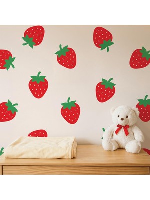 Ayrex Çilek Temalı Duvar Sticker'ı, Kırmızı Çilek, 12,3 x 16,9 Cm, 27 Adet, Bebek Odası Dekorasyonu, Suna Design