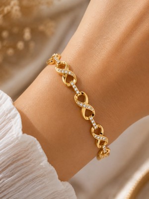 İdilce Kadın Gold Renk Zirkon Taşlı Sonsuzluk Model Bileklik 14K Altın Kaplama Renginde – Kararma Solma Yapmaz