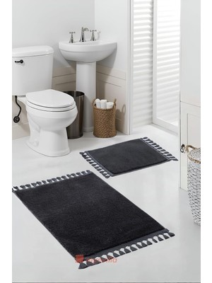 Ayrex Simirna Ponpon Saçaklı Peluş Yıkanabilir Kaymaz Banyo Paspası 2'li Klozet Takımı Antrasit