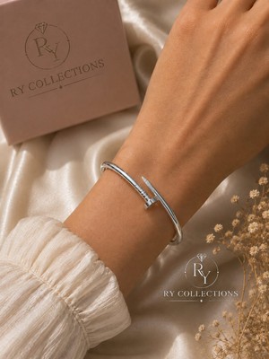 Ry Collections Gümüş Renkli Çivi Tasarımlı Zarif Kelepçe Bileklik Şık Çivili Model Çelik Bileklik