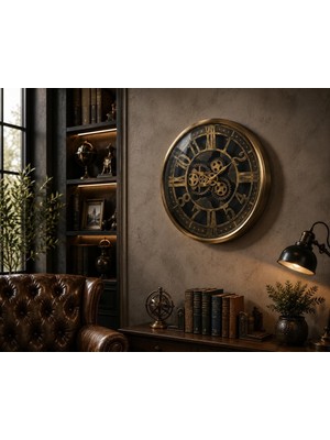 Ayrex Vintage Gear Gold Dekoratif Duvar Saati – Büyük Boy Metal Salon Saati