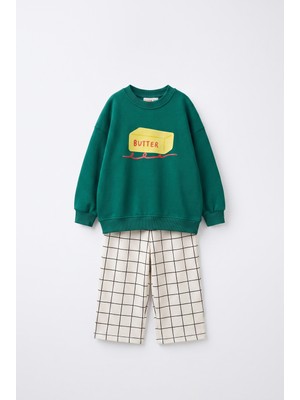 Magu Çocuk Butter Baskılı Yeşil Sweatshirt ve Ekru Kareli Eşofman Takım