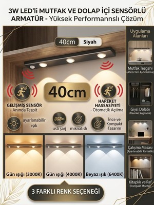 Econa 40 cm Sensörlü LED Mutfak ve Dolap Içi Aydınlatma,kabin Lambası ,kabin Ledi 3 Renk Modlu, USB Şarjlı, Kolay Montaj Kablosuz Şerit Armatür (Siyah),sensörlü Lamba
