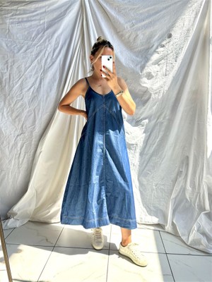 Gözde Tasarım Butik Kadın Mavi Renk Ip Askılı Maxi Boy Tensel Kot Elbise
