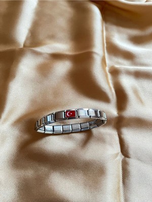 C&On Design Italyan Charm Çelik Modüler Bileklik + Türk Bayrağı Charm Hediye - Kişiselleştirilebilir Harfli / Figürlü Bileklik Seti