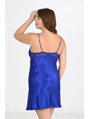 Veraura Lifestyle Premium Büyük Beden Saten Dantel Işlemeli Saks 2'li Gecelik Sabahlık Takımı Bigsize