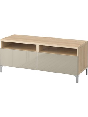 Hobiurun Tv Sehpası, Ağartılmış Meşe Görünümlü-Parlak Cila-Bej, 120X42X48 Cm, Selsvıken, Çıt Çıt Raylı