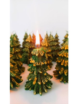 Happy Trend Petekoğlu Doğal Petek Balmumu Mum Yeşil Altın Simli Çam Ağacı Boy 8.5 cm Bal Mumu