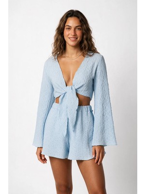Aquella Dokulu Bebe Mavi Crop-Şort Takım