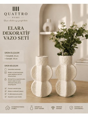 Quattro Home Elara 2’li Beyaz Dokulu Seramik Dekoratif Vazo Seti  – Modern Salon Aksesuarı