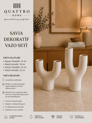 Quattro Home Savia 2’li Beyaz U Form Seramik Dekoratif Vazo Seti