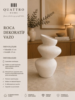 Quattro Home Roca Beyaz Dalgalı Gövde Seramik Dekoratif Vazo – Asimetrik Modern Tasarım