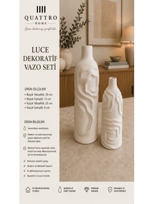 Quattro Home Luce 2’li Beyaz Kabartmalı Seramik Dekoratif Vazo Seti