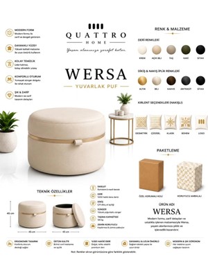 Quattro Home Wersa Yuvarlak Depolamalı Puf – Hakiki Deri, 45 cm Modern Tasarım