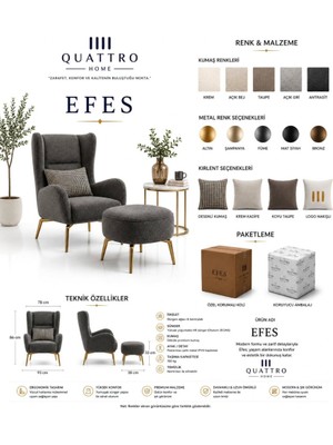 Quattro Home Efes Berjer ve Puf – Premium Kumaşlı, Gold Metal Ayaklı Modern Takım