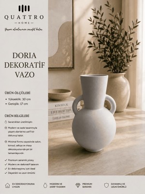 Quattro Home Doria Beyaz Çift Kulplu Seramik Dekoratif Vazo – Modern Amfora Form Salon Aksesuarı