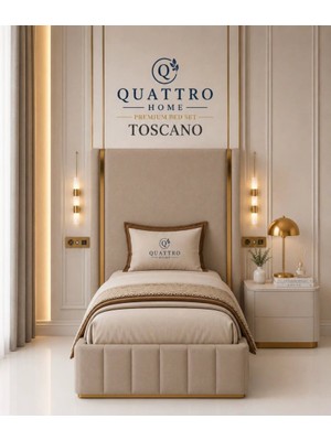 Quattro Home  Toscano Premium Tek Kişilik Döşemeli Baza Başlık Seti – Bej ve Gold Detaylı