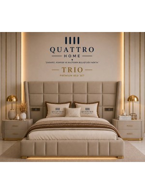 Quattro Home  Trio Premium Çift Kişilik Baza ve Başlık Seti – Bej ve Gold Detaylı
