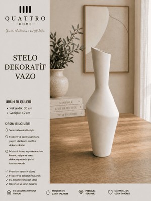 Quattro Home Stelo Beyaz Asimetrik Seramik Dekoratif Vazo – Uzun Modern Salon Objesi