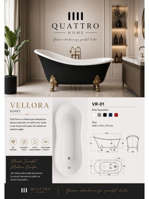 Quattro Home Vellora Vr-01 Klasik Freestanding Küvet 176X71 cm Siyah Beyaz Akrilik Küvet