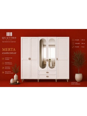 Quattro Home Merta 6 Kapılı Gardırop Aynalı Mdf Gövde Membran Kapak Modern Elbise Dolabı
