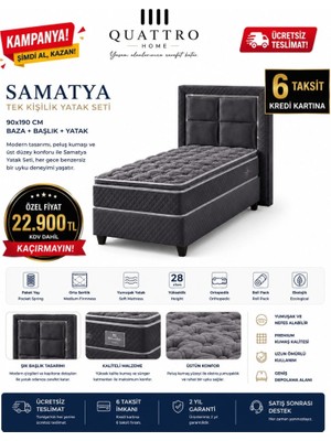 Quattro Home Samatya Tek Kişilik Yatak Seti 90X190 Baza Başlık Yatak Dahil 28 cm Paket Yaylı Ortopedik Peluş Kumaş