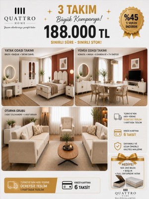 Quattro Home Merta 3'lü Evlilik Paketi | Yatak Odası Takımı + Yemek Odası Takımı + Oturma Grubu | Baza