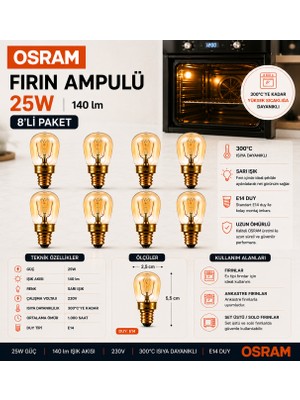 Avarson (8 Adet) 25W E14 Fırın Ampulü 300°C Isıya Dayanıklı Sarı Işık
