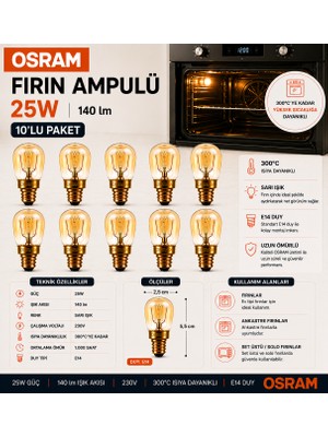 Avarson (10 Adet) 25W E14 Fırın Ampulü 300°C Isıya Dayanıklı Sarı Işık