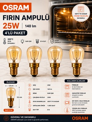 Avarson (4 Adet) 25W E14 Fırın Ampulü 300°C Isıya Dayanıklı Sarı Işık