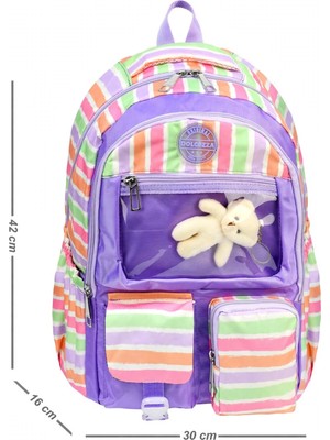 LilyMoon Pastel Çizgili Ayıcık Figürlü Şeffaf Cepli Okul Çantası
