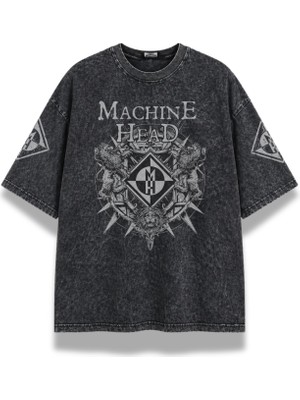Fuddy Moda Unisex Machine Head Kol Baskılı Yıkamalı Tişört, Oversize Rock Band Temalı Retro Tshirt