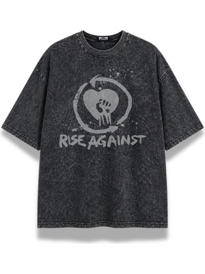 Fuddy Moda Unisex Rise Against Baskılı Yıkamalı Tişört, Oversize Rock Band Temalı Retro Tshirt