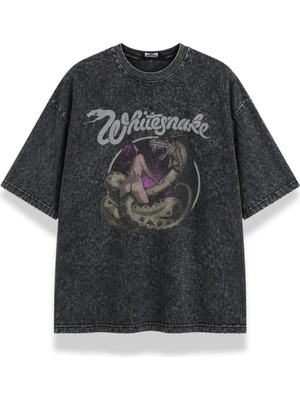 Fuddy Moda Unisex Whitesnake Baskılı Yıkamalı Tişört, Oversize Rock Band Temalı Retro Tshirt