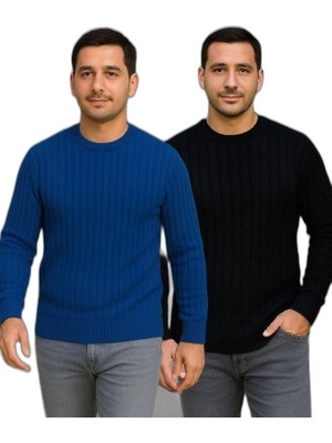 Zamerya Erkek Fitilli Triko Kazak 2’li Set Siyah Saks Misi Kalın Dokuma Pamuklu Regular Fit