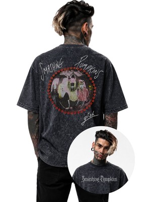 Fuddy Moda Unisex The Smashing Pumpkins Gish Sırt Baskılı Yıkamalı Tişört, Oversize Rock Band Retro Tshirt