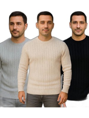 Zamerya Erkek Fitilli Triko Kazak 3'lü Set Bej Gri Siyah Bisiklet Yaka Regular Fit