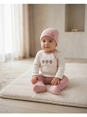 Nar Renk Puanlı Çilek Desenli Pamuklu Kız Bebek Takımı