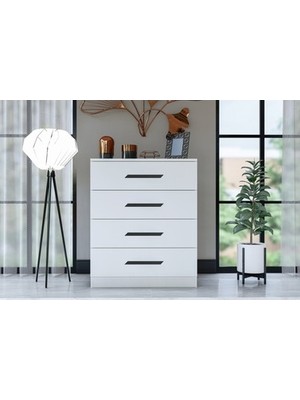 Sungur's Store Metalia Gm 084 Almina 4 Çekmeceli Siyah Kulplu Beyaz