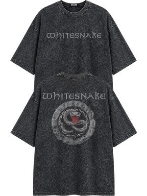 Fuddy Moda Unisex Whitesnake Sırt Baskılı Yıkamalı Tişört, Oversize Rock Band Temalı Retro Tshirt